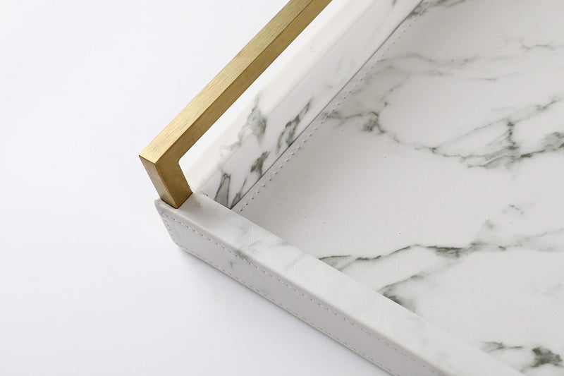 WV 17.8 * 11.8" White PU Leather Marble Finish Decorative Tray Serving Tray with Brushed Gold Handle for Coffee Table, Console Table, Ottoman - Image 5